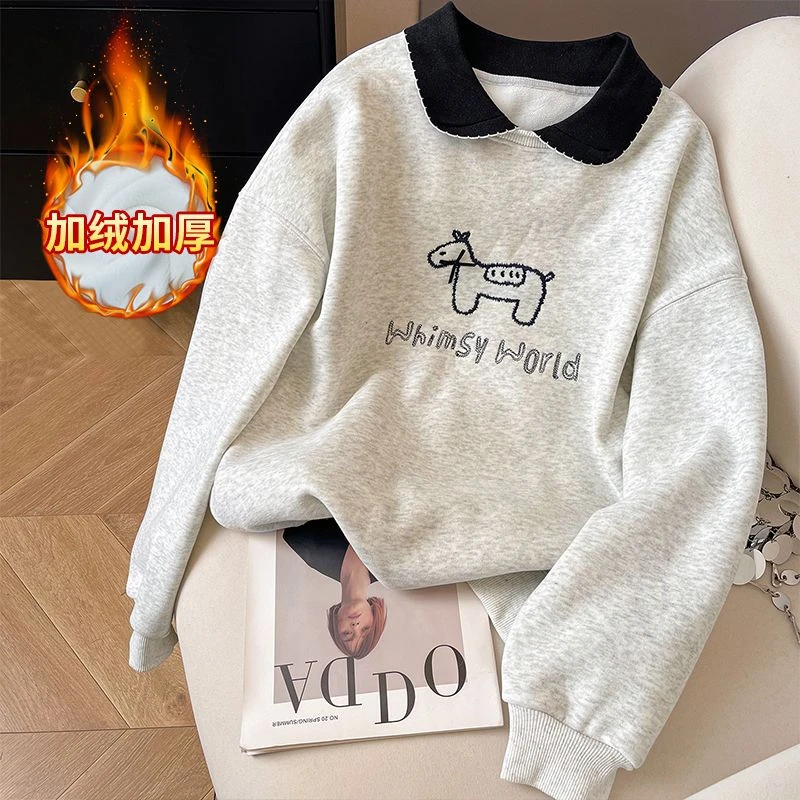 冬季套头款上衣卫衣刺绣洋气字母秋季拉夏贝尔长袖卫衣