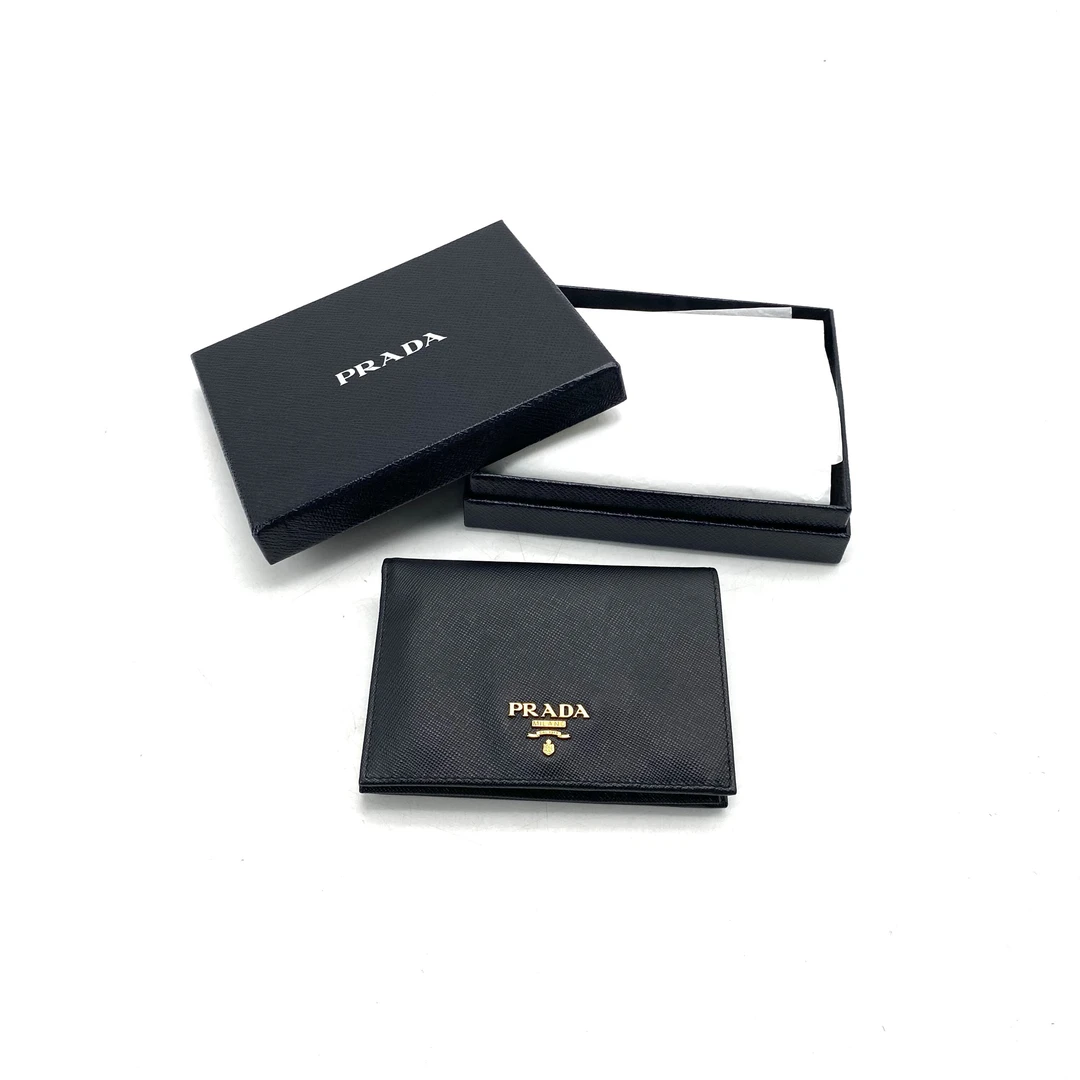 99新 Prada/普拉达 未使用黑色全皮对折卡包尺寸13/9