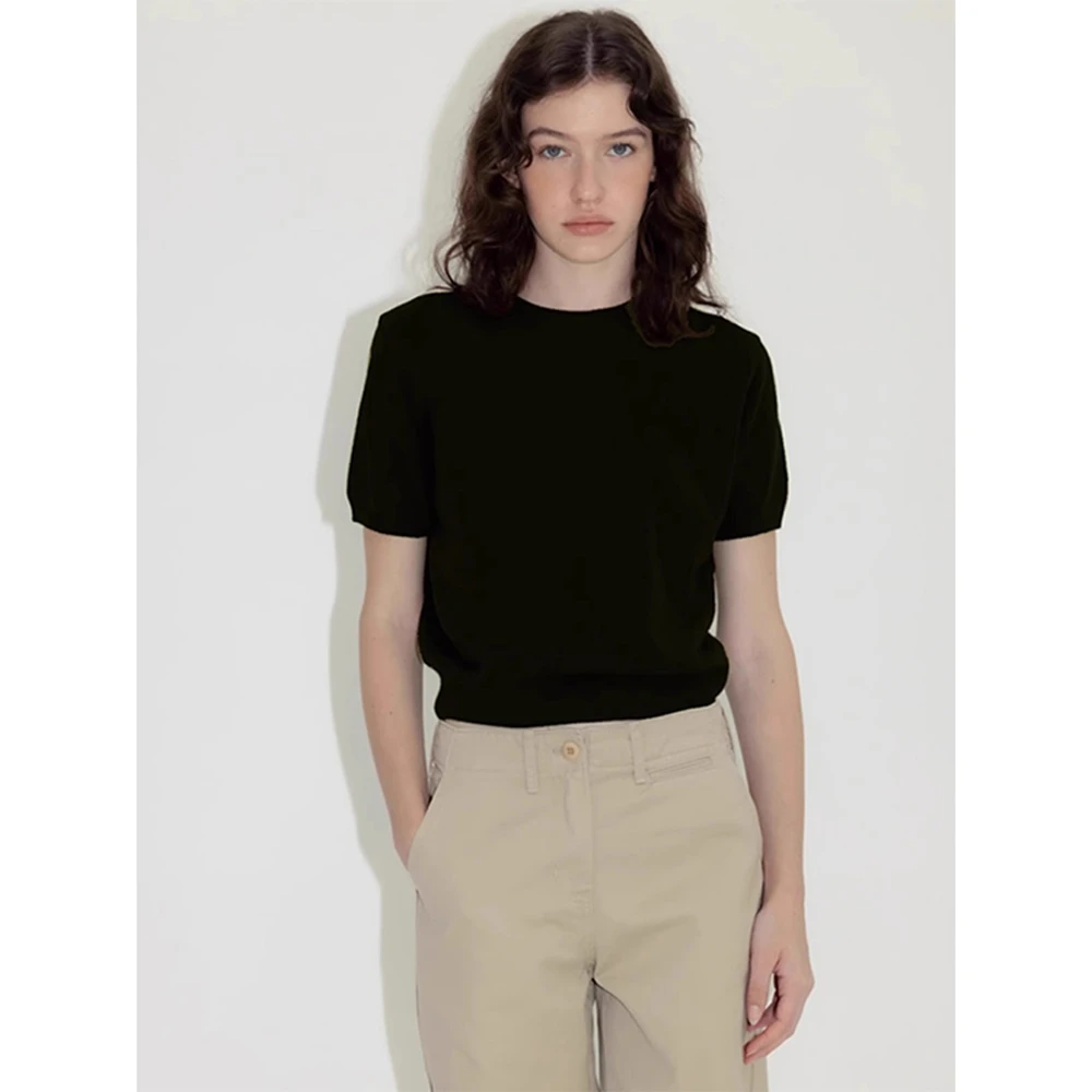 法式复古黑色正肩短袖针织衫女夏季高级感圆领百搭收腰短款上衣薄