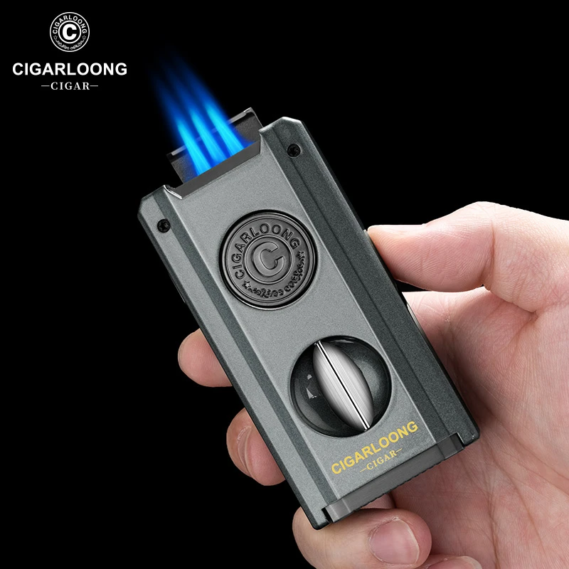 茄龙雪茄打火机带V型剪刀通针烟托四合一直冲防风点烟器CB-25DX2
