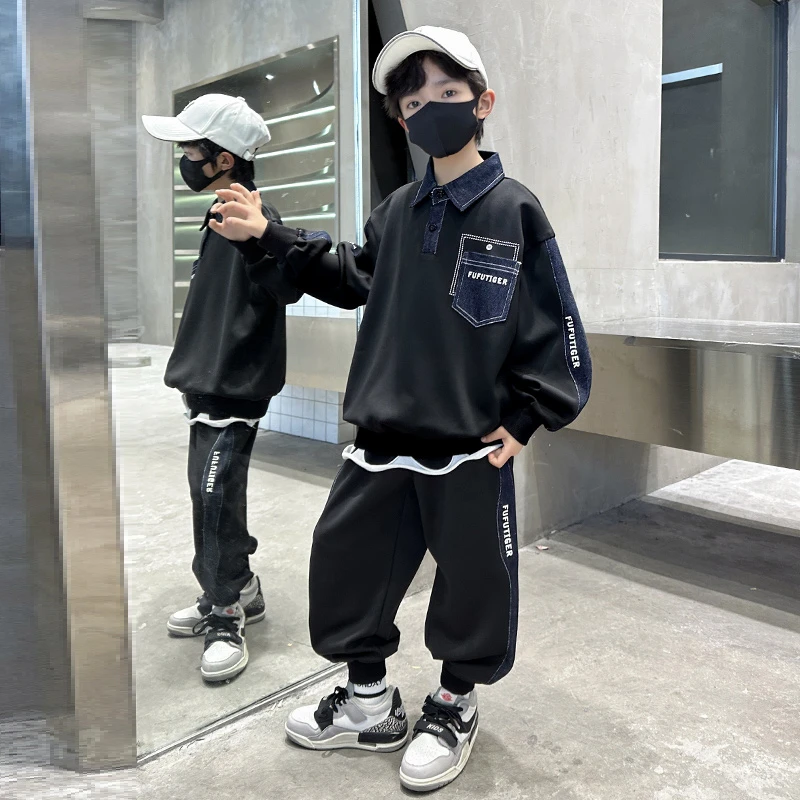 潮酷痞帅童装儿童休闲撞色男孩中大童潮童翻领帅气儿童穿搭套装