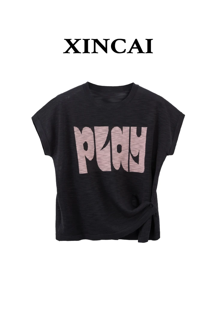 XINCAI宽松短袖卡通印花抗起球宽松型短袖休闲法式T恤夏季圆领