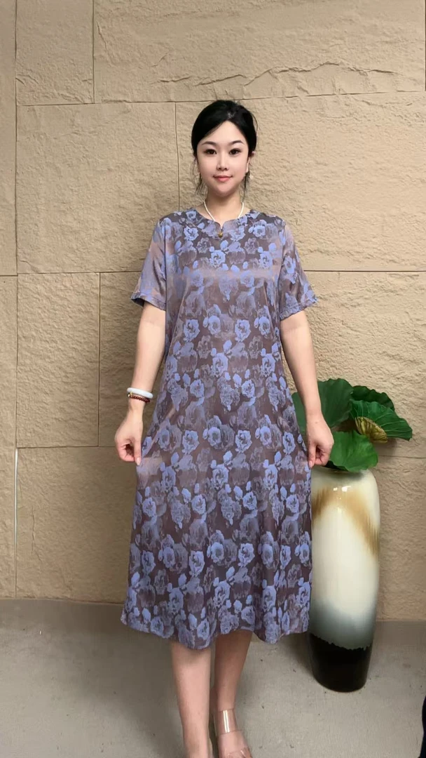 （蓝紫花雅韵）简约时尚显瘦气质女装宽松中长款连衣裙妈妈装