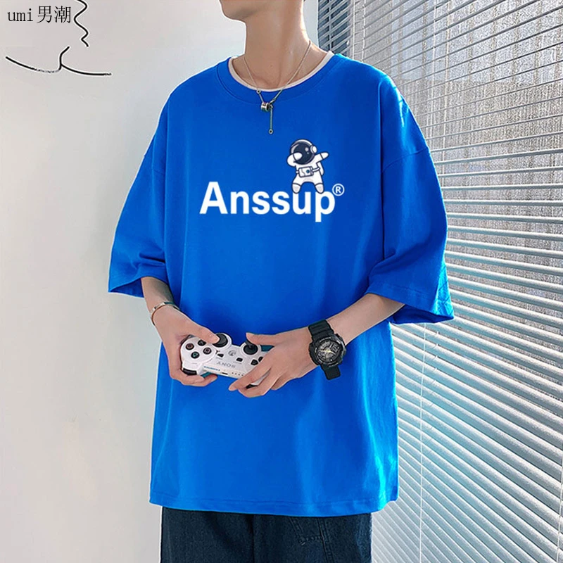 夏季新款潮流宽松短袖字母T恤男港风卡通宇航员ins