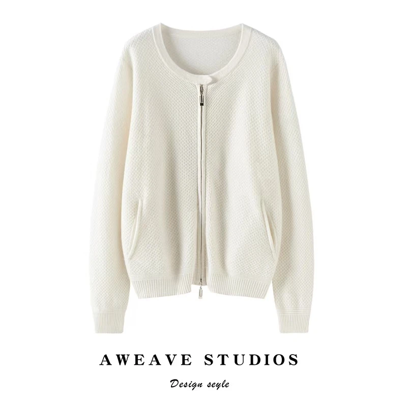 高端轻奢100%纯山羊绒十二针圆领编织拉链针织开衫外套