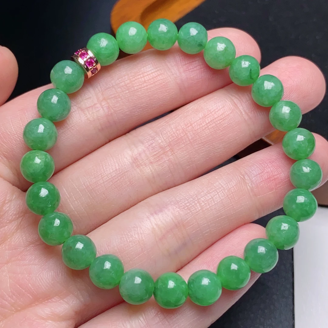 缅甸天然a货翡翠冰润阳绿满绿圆珠手链卡7mm绿色玉手串精美
