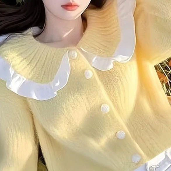 柠檬黄娃娃领外搭毛衣针织开衫女2025新款秋冬季慵懒风高级感上衣