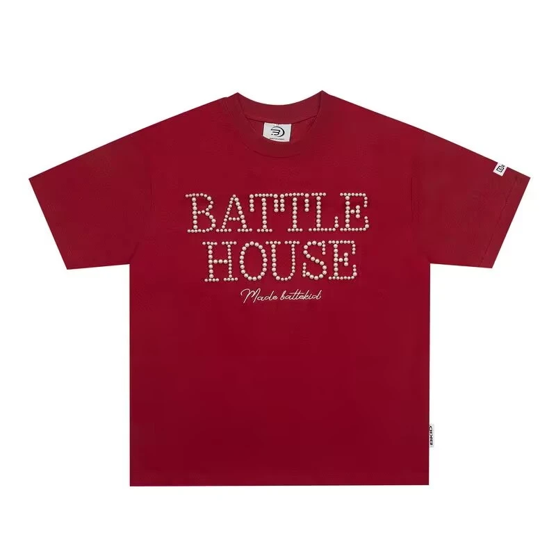 黑鸡 美式复古设计立体珍珠字母短袖T恤夏季男女潮牌高级圆领体恤