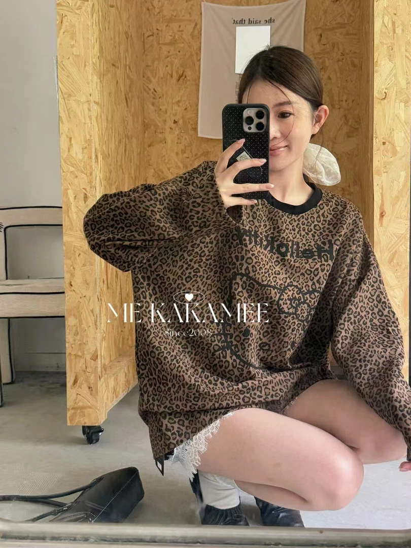 【钱呼呼】2025秋季新款时髦感豹纹印花套头宽松T恤上衣 女