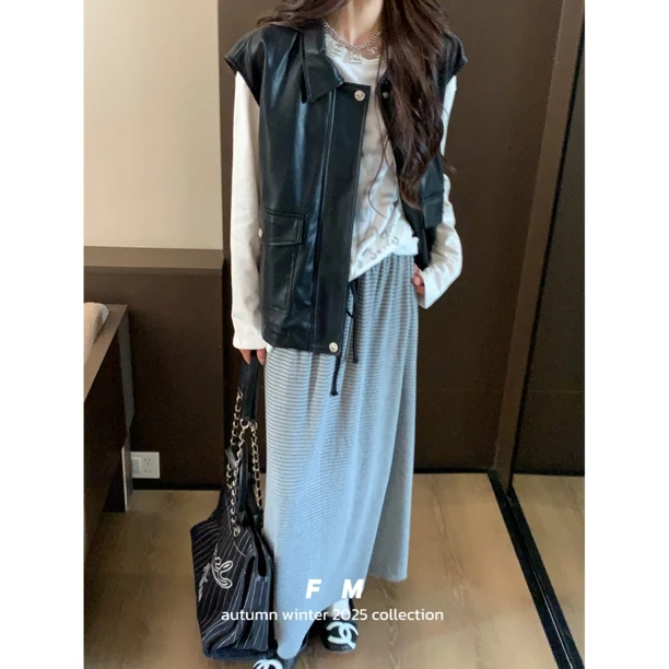 【赵小小&早秋时髦出街 】7221 韩版宽松纯色慵懒圆领皮衣马甲外套