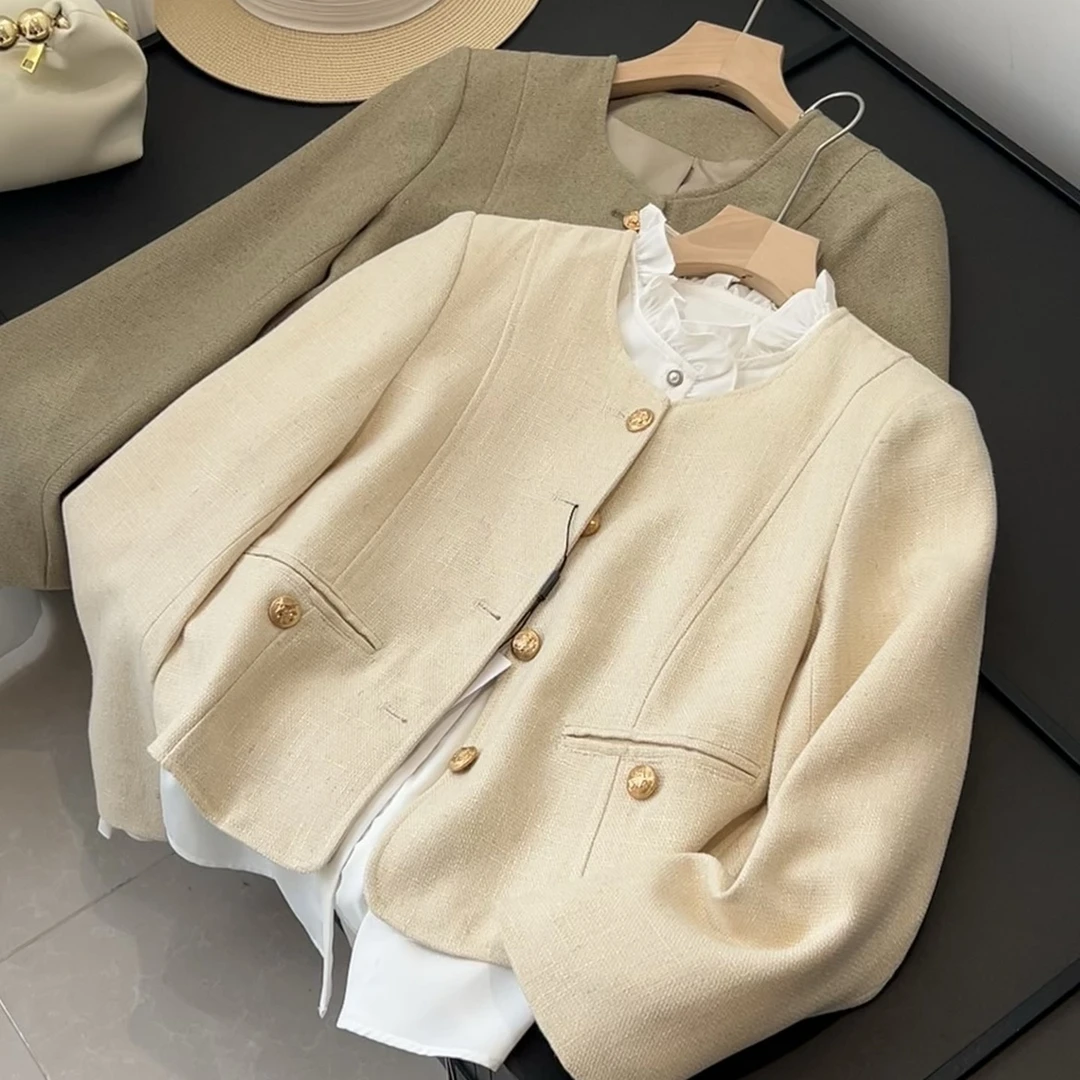 含亚麻！高级名媛感秋款气质简约宽松肌理小香单排圆扣外套女装