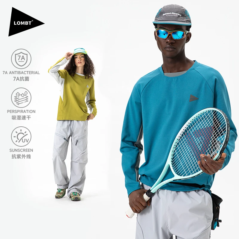 LOMBT户外防晒吸湿速干运动长袖T恤男女秋季抗菌撞色健身透气上衣