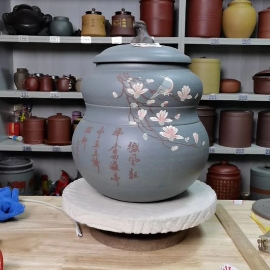 紫砂茶叶罐大葫芦本山绿花鸟075