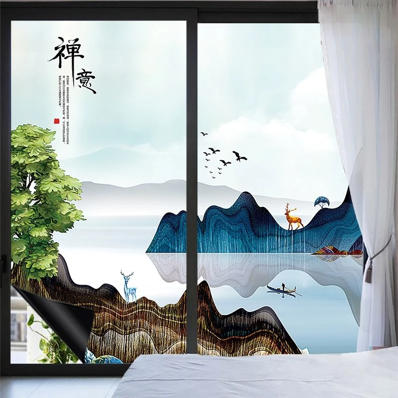 全遮光中式山水静电玻璃磨砂贴纸防窥膜客厅阳台浴室不透光贴膜