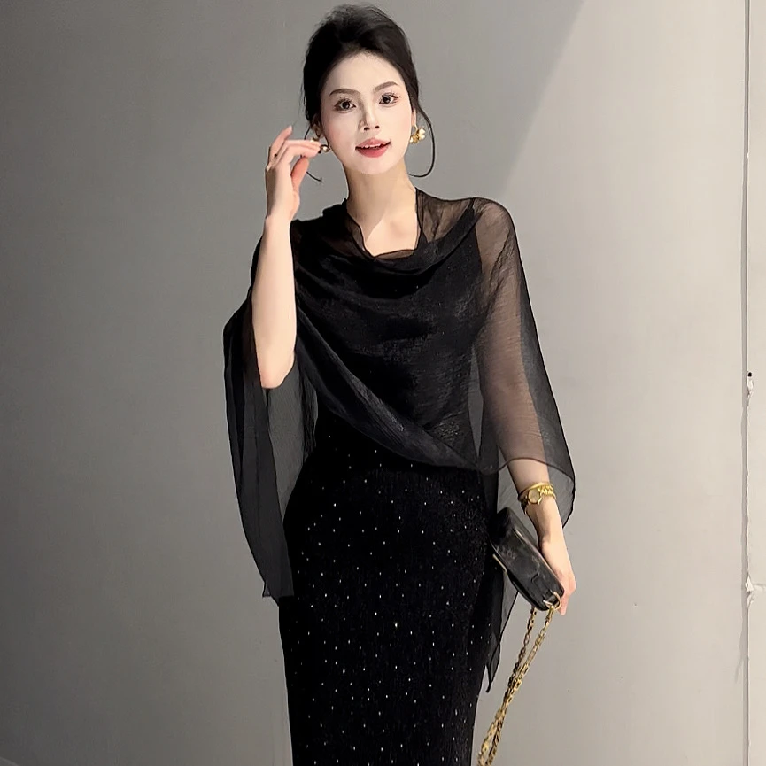 细闪气质高级感吊带连衣裙黑色披肩罩衫女修身包臀裙子长裙