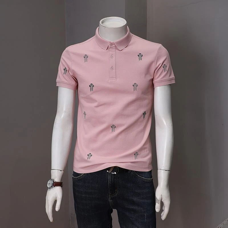 HAESONMENEAT哈逊梅奈刺绣短袖夏季修身商务休闲男士翻领t恤上衣