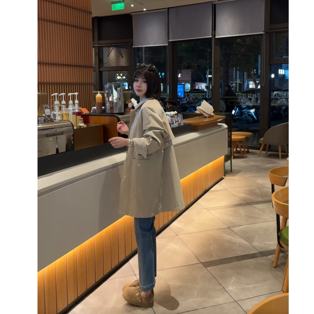 玳妮【蕾丝袖风衣】春季翻领中长款双口袋风衣百搭休闲气质简约外套