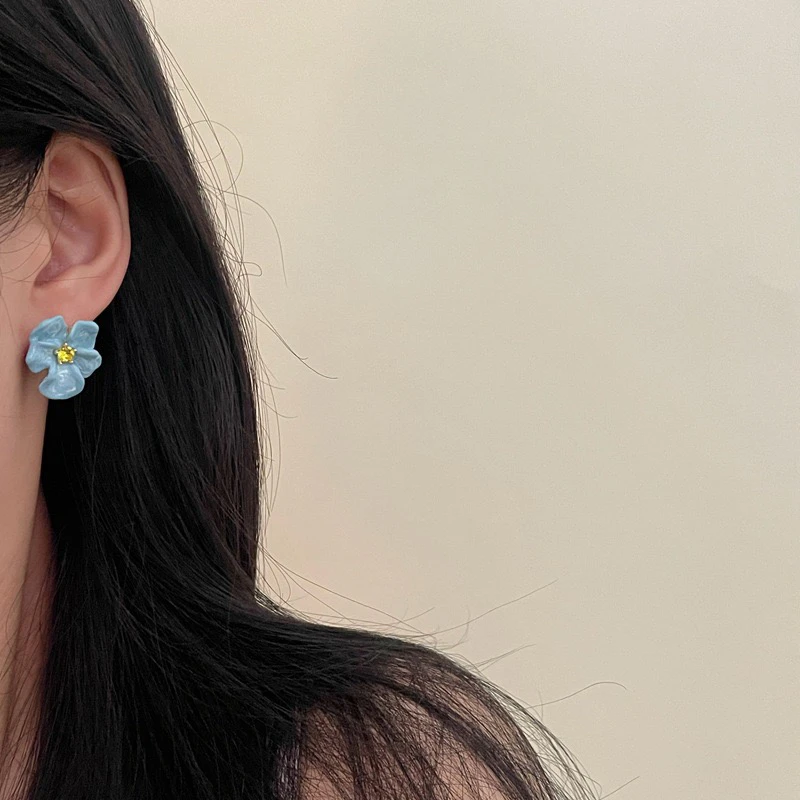 铜合金锆石耳饰 蓝色滴釉花朵耳钉轻奢气质小众耳环复古设计感OL