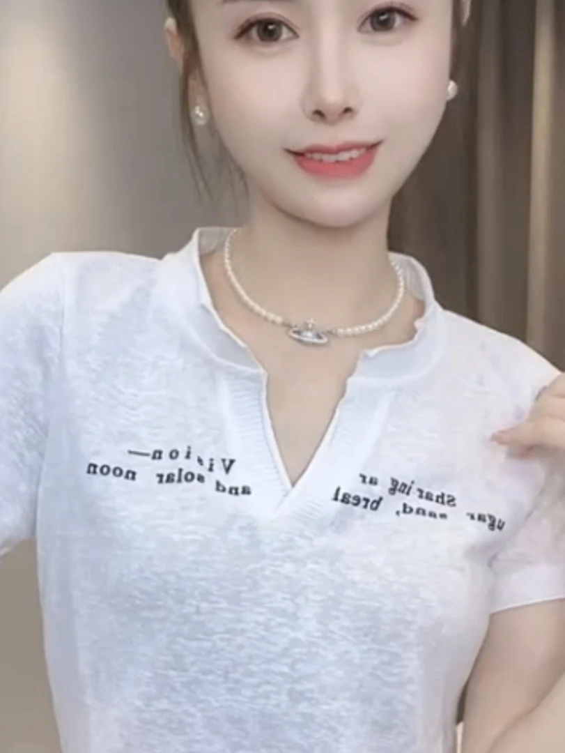 短袖字母印花气质洋气纯色修身T恤夏季宽松休闲夏装显瘦韩版百搭