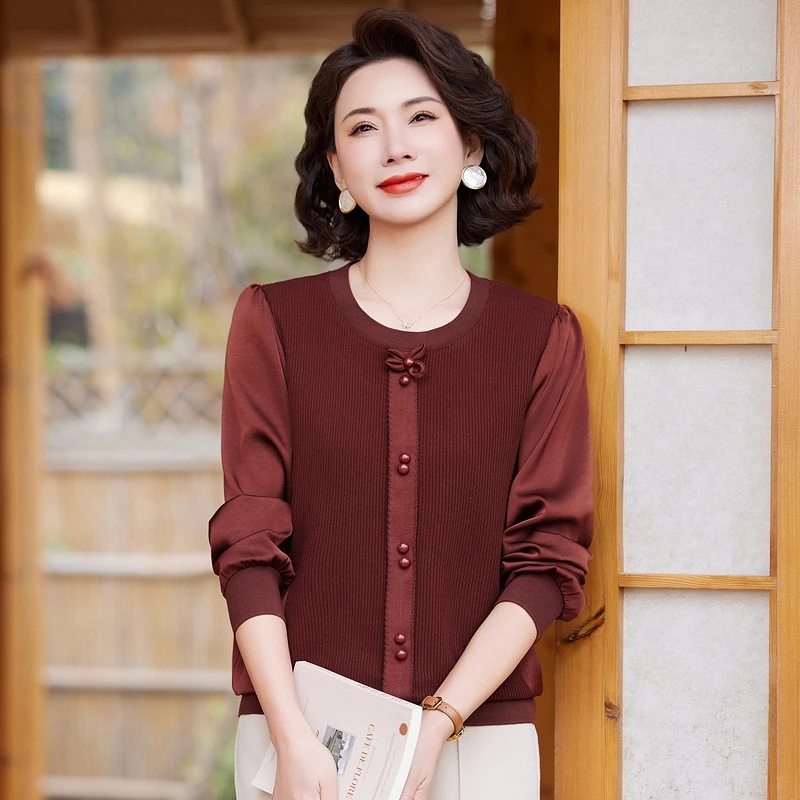 春秋款中老年女装薄款长袖T恤圆领妈妈装洋气气质宽松百搭打底衫