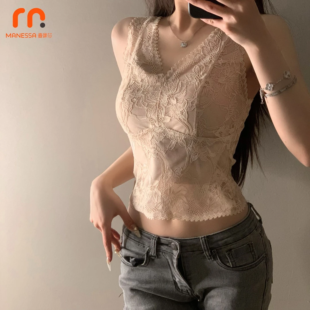 曼娜莎【繁花新语】定制蕾丝美背防走光法式外穿大码百搭透气女背心