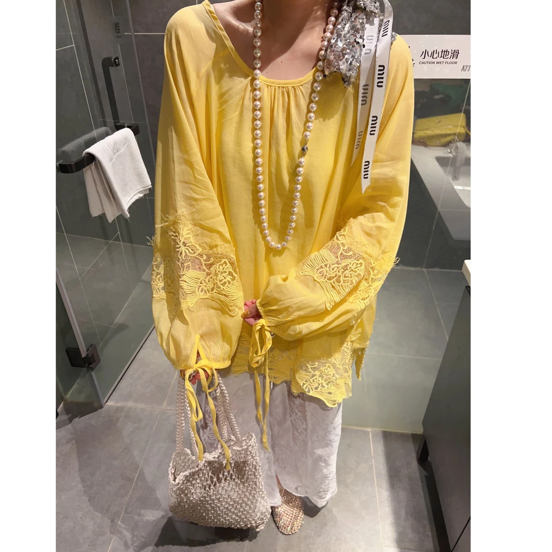 苎麻镂空提花宽松百搭上衣女圆领纯色拼接灯笼袖蕾丝花边衬衫