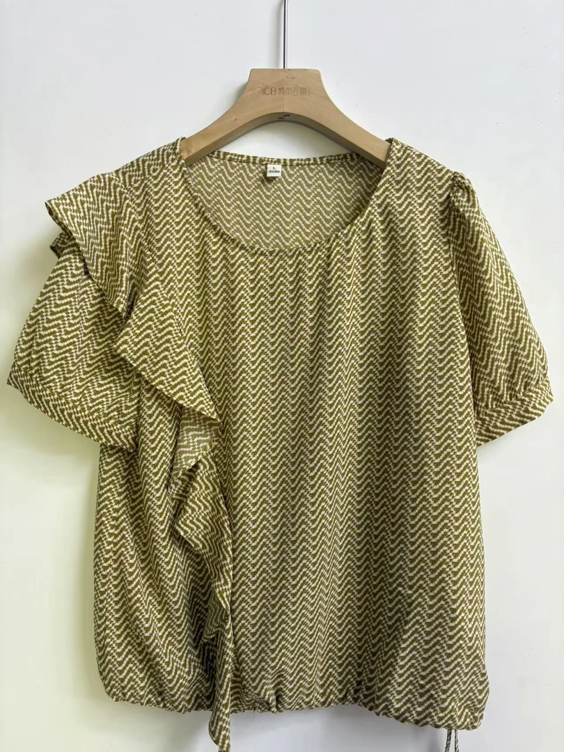 【QX446】2025新款复古风百搭格子斜纹荷叶边上衣小衫显瘦休闲上衣