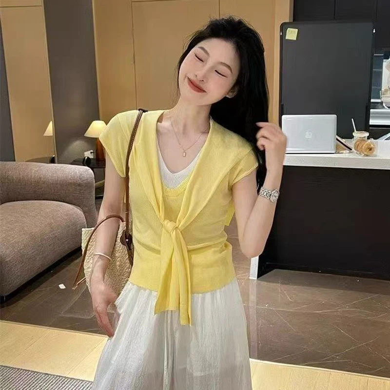 韩系拼接假两件冰丝针织t恤夏季外搭叠穿小披肩短袖V领上衣女