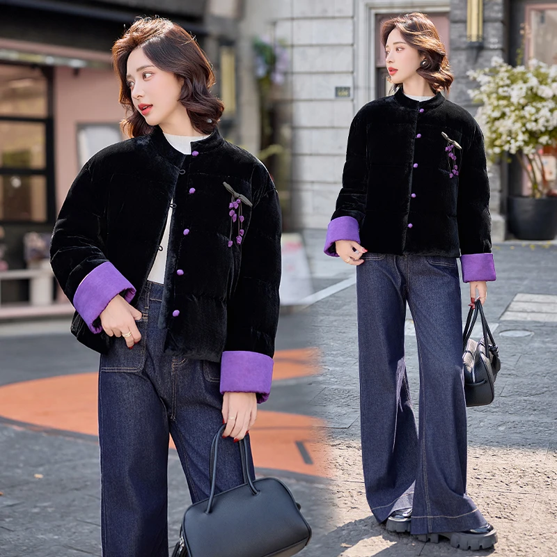 新中式国风立领丝绒羽绒服女2025冬季新款撞色拼接白鸭绒短款外套