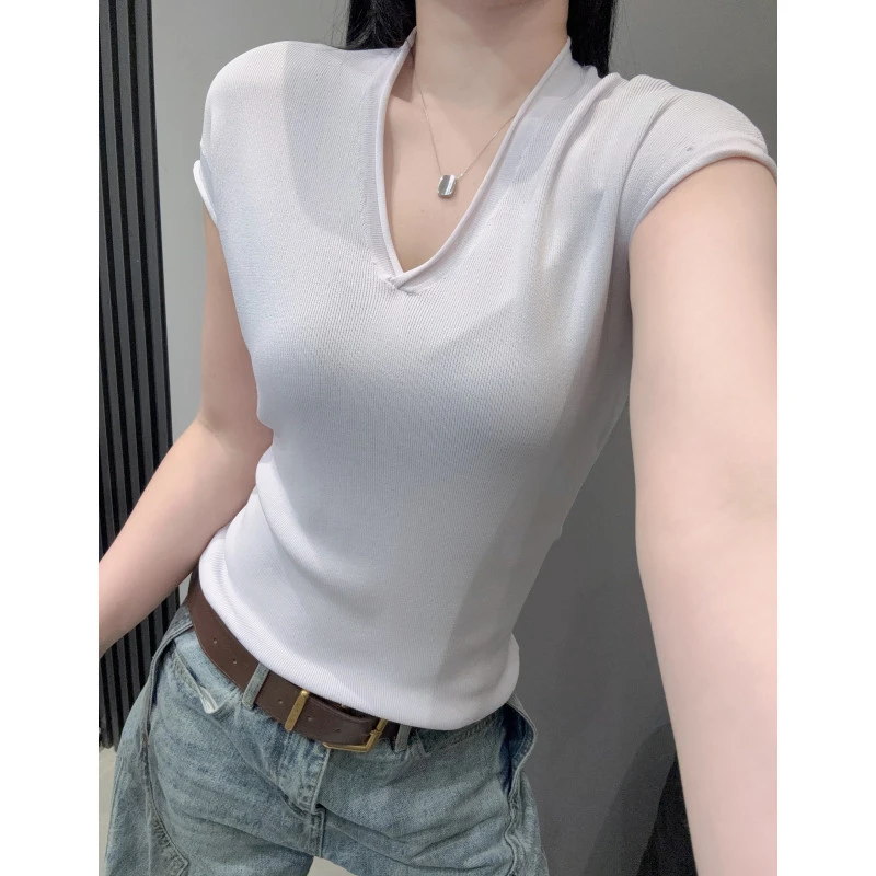 V领冰丝针织衫短袖女独特别致紧身弹力百搭时尚半袖上衣夏季欧货
