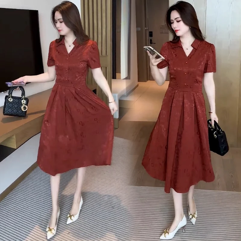 时尚高级感连衣裙女2025夏季新款设计感印花收腰显瘦休闲中长裙潮