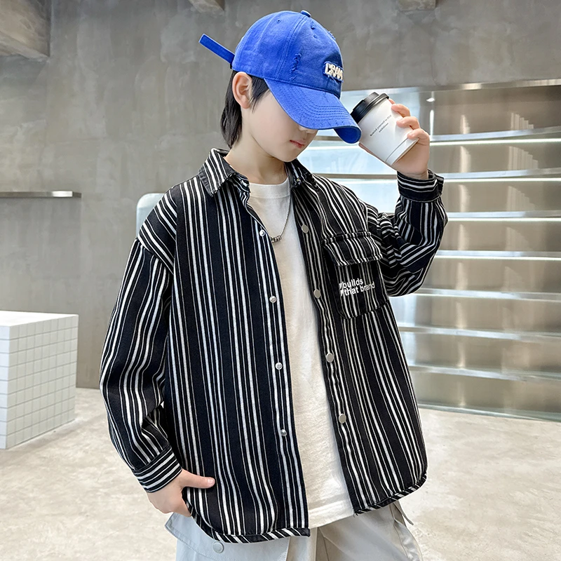 男童春秋款条纹牛仔外套内搭外穿中大童儿童春季衬衣洋气百搭衬衫