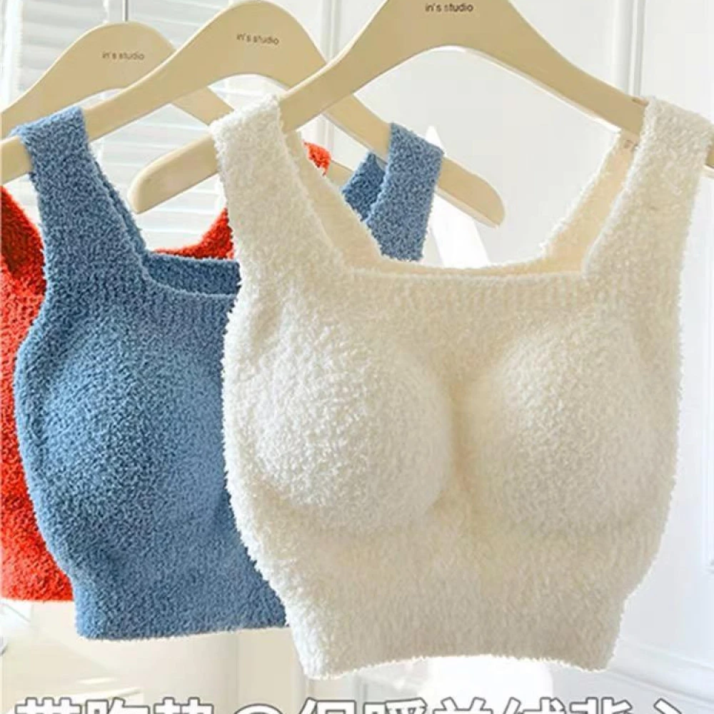 秋冬奶呼呼保暖上衣外穿背心一体式带胸垫加厚毛绒长款打底