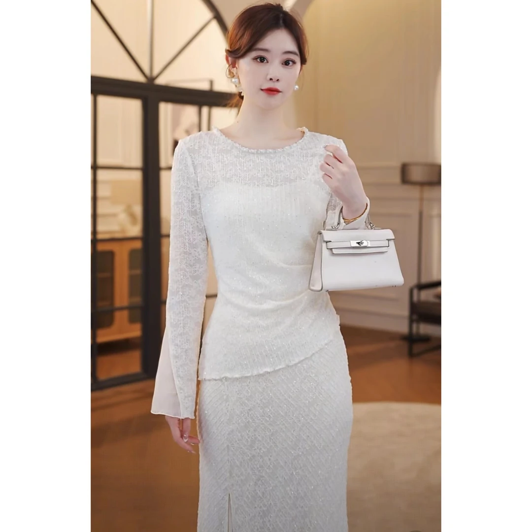 【嘉嘉JIANG】卿卿白茶 时尚优雅气质拼接蕾丝小衫/套装 XJ253M1039