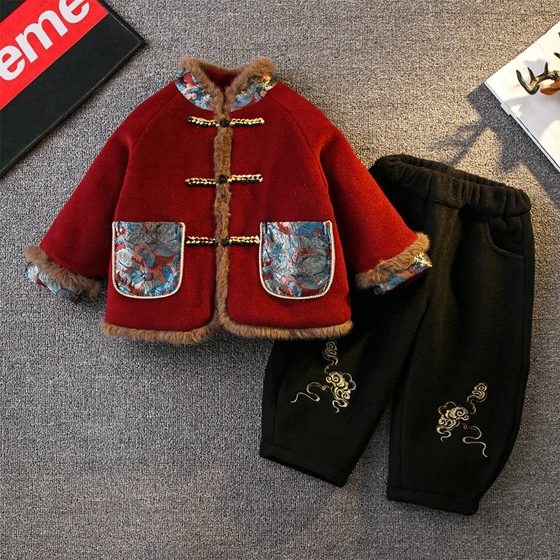 儿童汉服男童中国风唐装洋气加厚两件套男宝宝喜庆过年拜年服套装