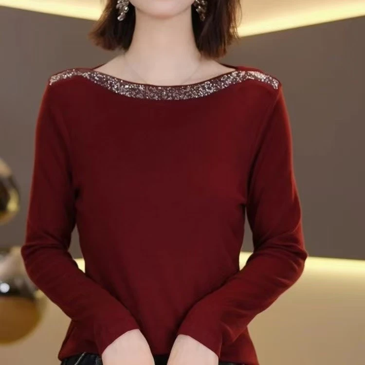 法式圆领长袖拼接染色短款T恤内搭网红一字领秋冬休闲