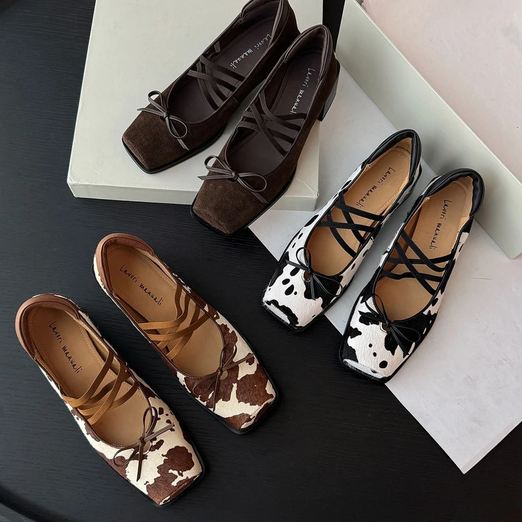 软牛皮~5cm春秋新款法式方头浅口真皮单鞋粗跟玛丽珍蝴蝶结复古风