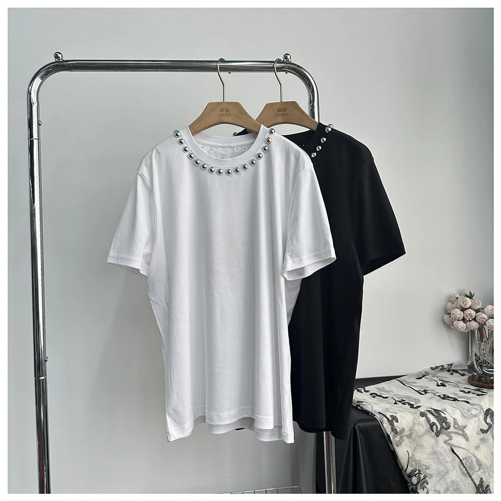 T447夏季新款女士时尚百搭钉珠圆领短袖T恤女