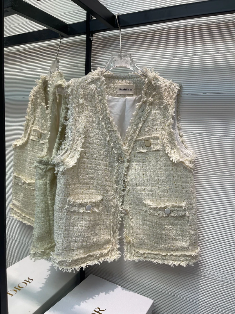 111#小香风粗花呢编织毛边马夹