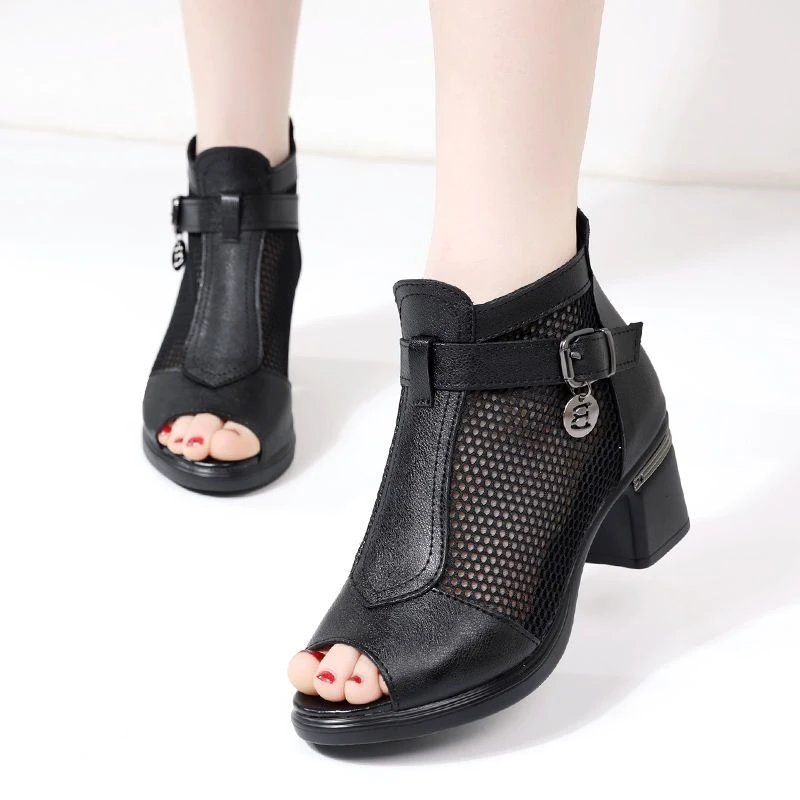 鱼嘴女高跟时装凉鞋鱼嘴网纱凉鞋妈妈鞋平底女士粗跟中年时尚