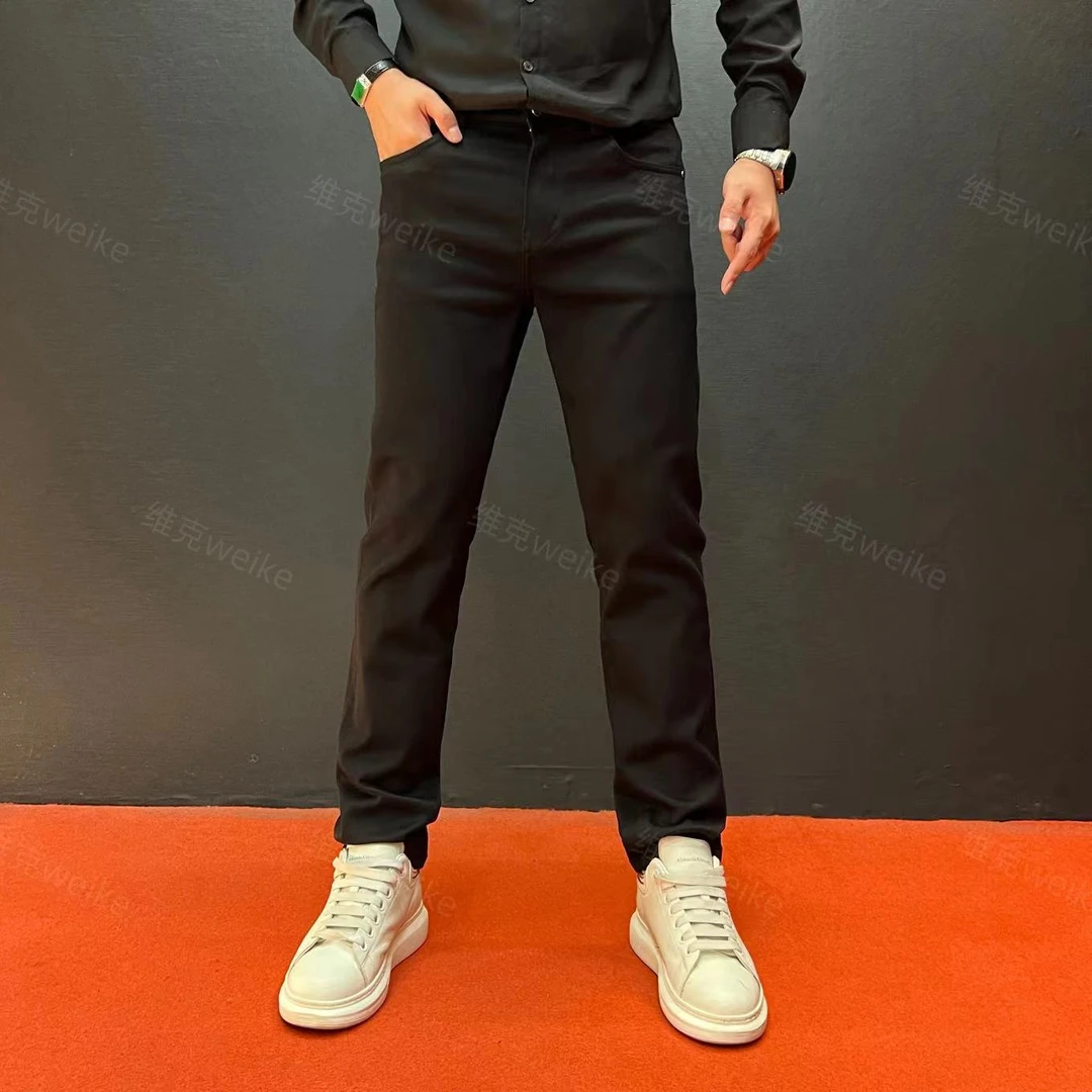 【WEIKE】116冬季加绒黑色锁色 长裤/九分裤 男士修身小直筒牛仔裤