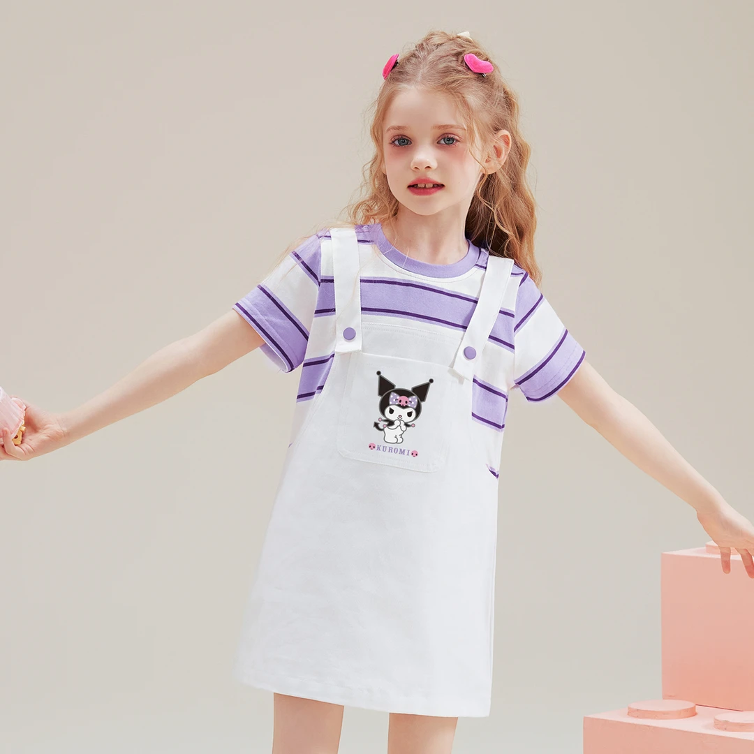 女童夏季条纹假两件吊带裙2025新款库洛米联名中大童装连衣裙