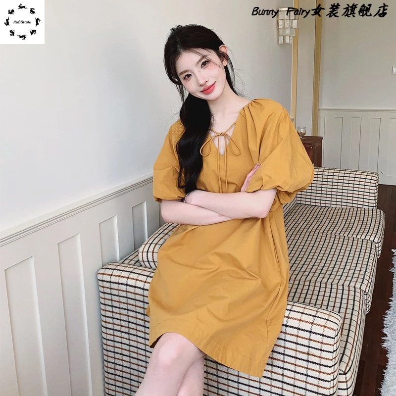 橘色灯笼袖连衣裙女夏2025新款高级感小个子爆款a字裙流行减龄