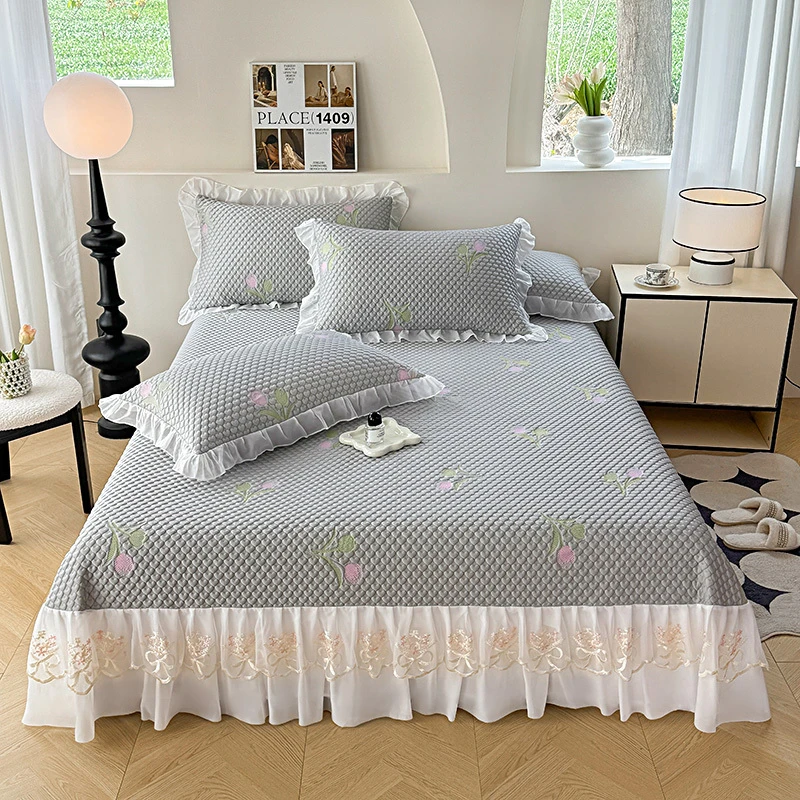 夏季冰丝冰豆豆床盖凉席三件套花边凉感床单垫床罩公主床裙可机洗