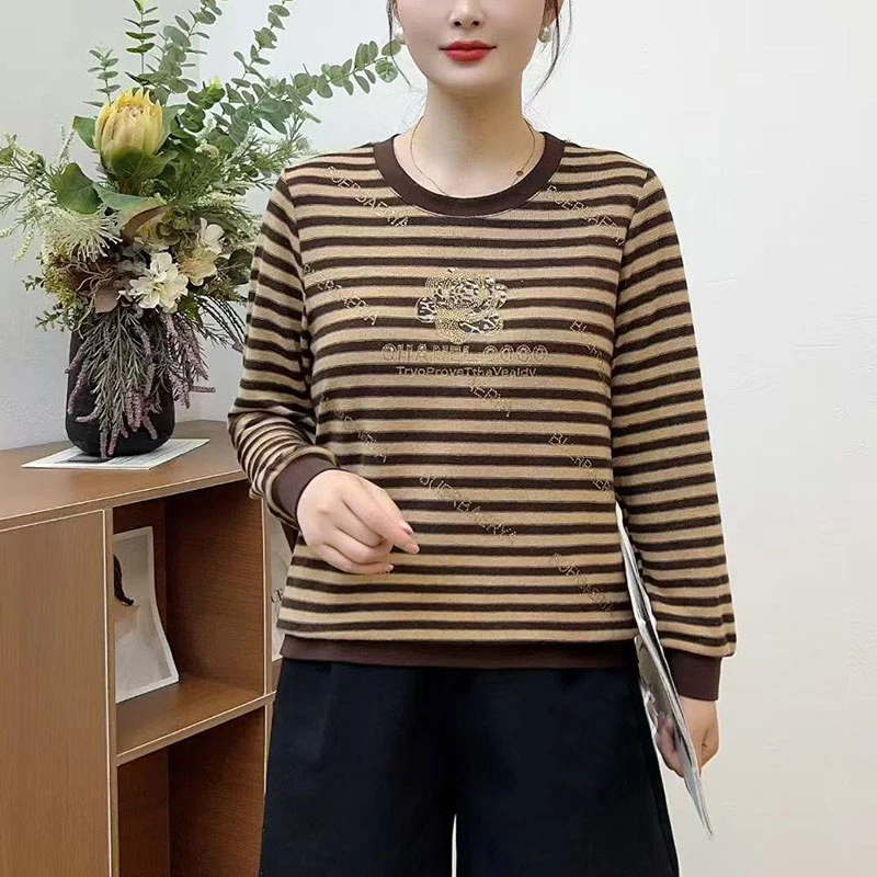 烫钻字母印花卫衣女2025秋季新款时尚条纹洋气百搭减龄设计感上衣