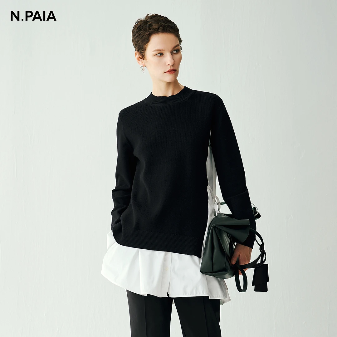 恩派雅秋新款经典针梭相拼不规则毛针织衫上衣女XNJAC9520A