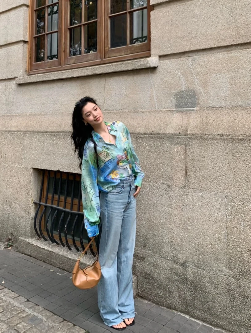 尾～设计师款2025夏新品百搭『爱与食物』手绘水彩印花衬衫上衣女