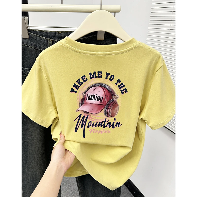 美式潮牌休闲设计感时尚圆领前后印花正肩短袖t恤女夏季新款上衣