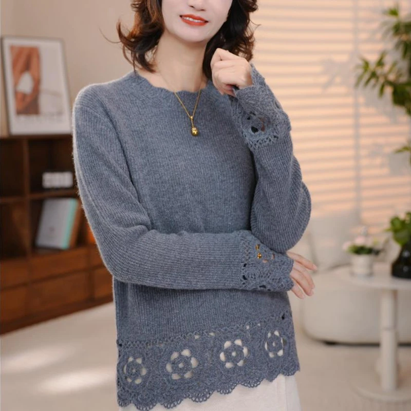 立领蕾丝钩花针织衫女2025秋冬新款高级感宽松显瘦内搭打底衫上衣