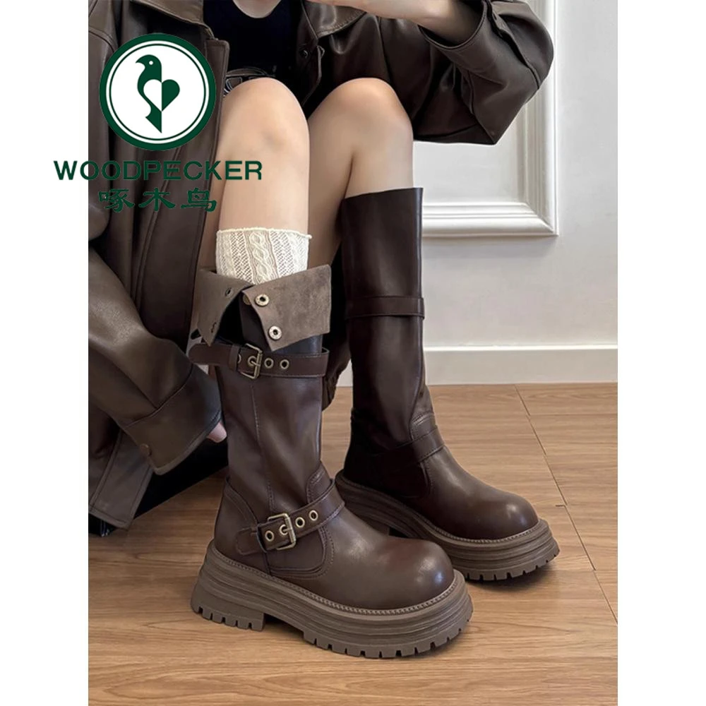 啄木鸟真软皮厚底美拉德长筒靴女2024新款秋冬复古加绒高筒骑士靴